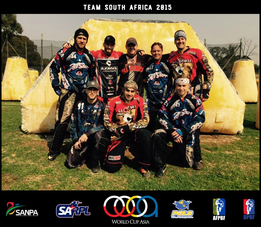 The South African national paintball team posing together before the 2015 Paintball World Cup