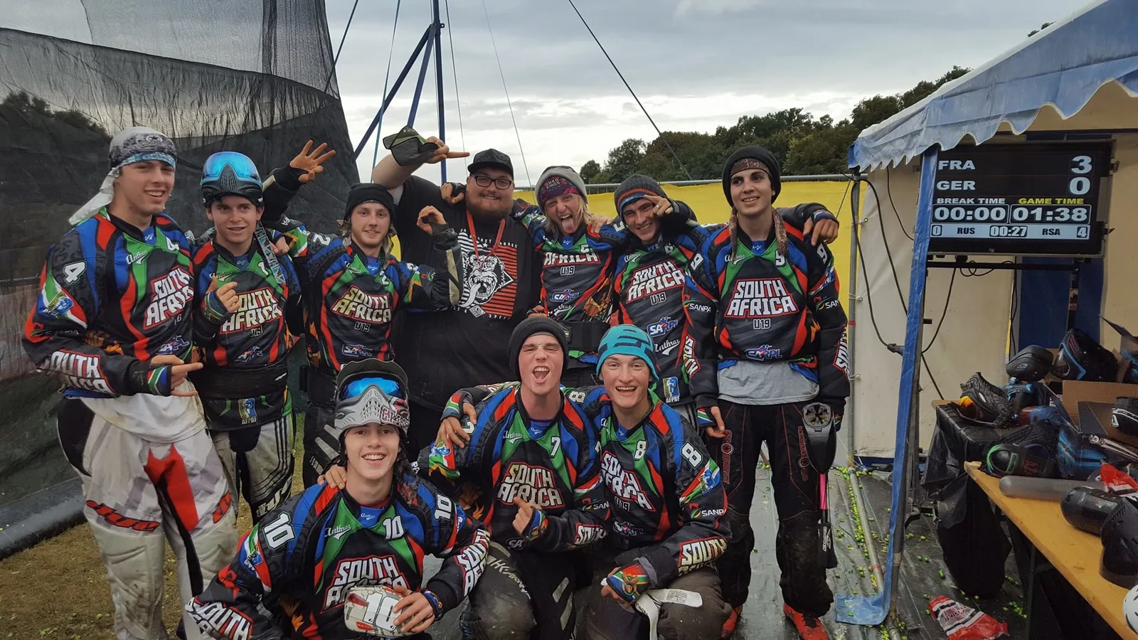 The South African U19 paintball team and staff celebrating at the 2016 Paintball World Cup in France